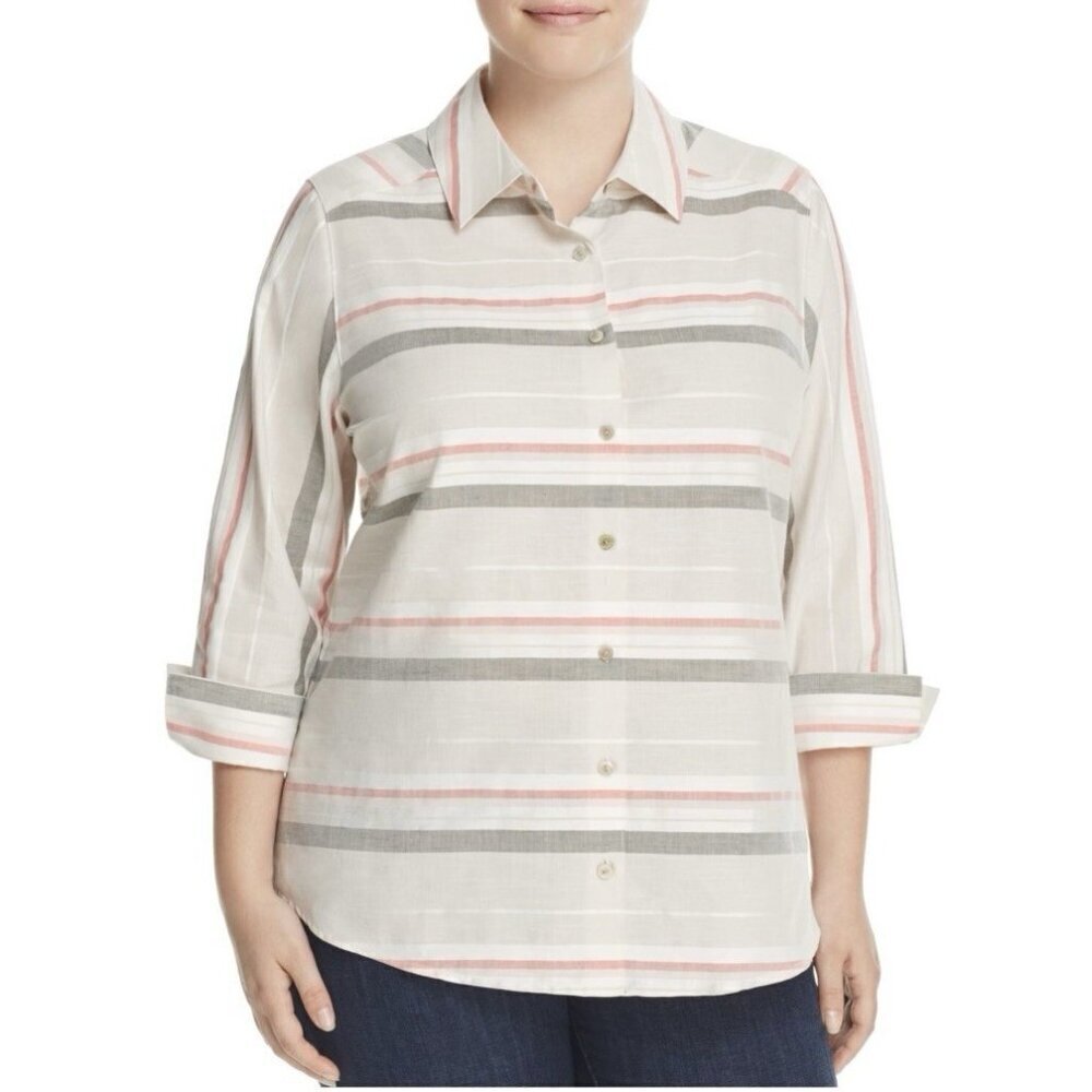 Foxcroft Top Womens 16W Pink Grey Striped Button Up Linen Cotton 3/4 Sleeve Work